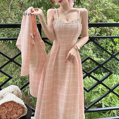 Ingvn - Pink Plaid Tweed Jacket + Strapped Dress Women Vintage Winter Elegant Party Woolen 2 Piece Sets Ladies Autumn Dress Sets