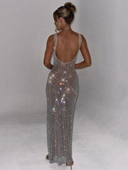Sequins Backless Sexy Maxi Dress For Women Gown Fashion Sparkle Square Collar Sleeveless Bodycon Club Long Dress