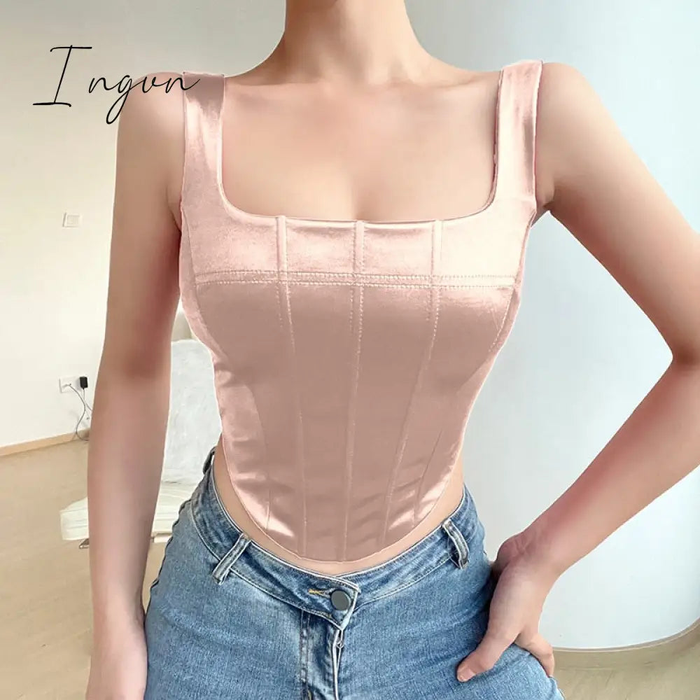 Ingvn - Tube Tank Top Girls Satin Corset Crop Tops Women Green Y2K Sleeveless Tee Black Backless Club Cami Summer Sexy Party