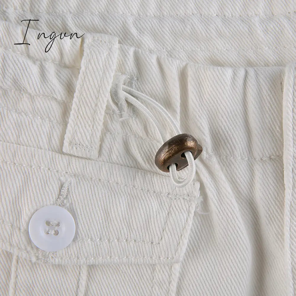 Ingvn - Women Spring Fashion Multi Pockets White Cargo Pants Women Adjustable Low Waist Baggy Wide Leg Jeans Oversized Casual Trousers Retro Bottoms Iamhotty