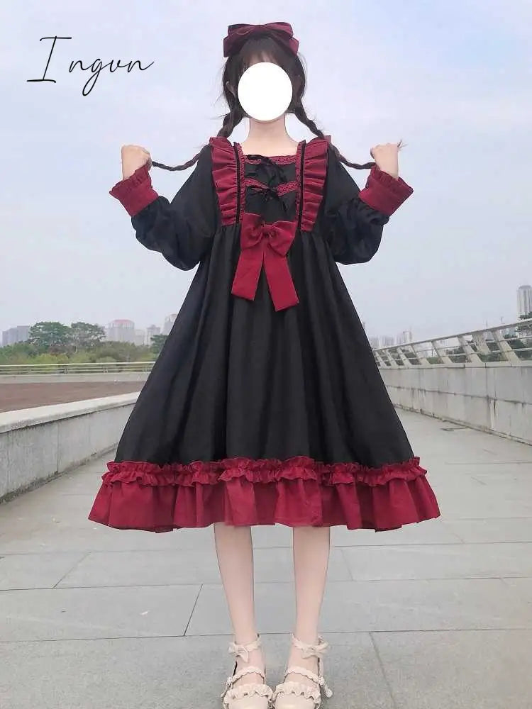 Ingvn - Japanese Harajuku Gothic Bandage Bow Splice Dress Sweet Lolita Girl Cosplay Dress Kawaii Ruffles Bow Women Party Dress