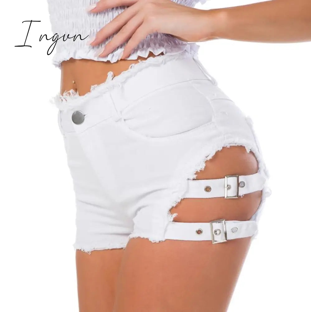 Ingvn - Sexy Low Waist Bandage Denim Ripped Hole Short Jeans Women Mini Skinny Sexy Club DJ Dance Shorts New White Blue Black