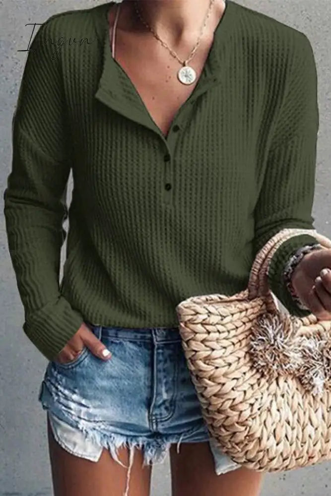 Ingvn - Casual Solid Buttons O Neck Tops