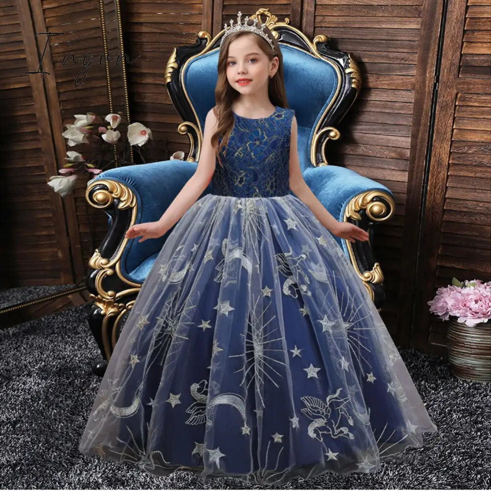 Ingvn - Summer Kids Princess Dress Girls Flower Embroidery Dress For Girls Vintage Wedding Party Formal Ball Gown Children Clothing