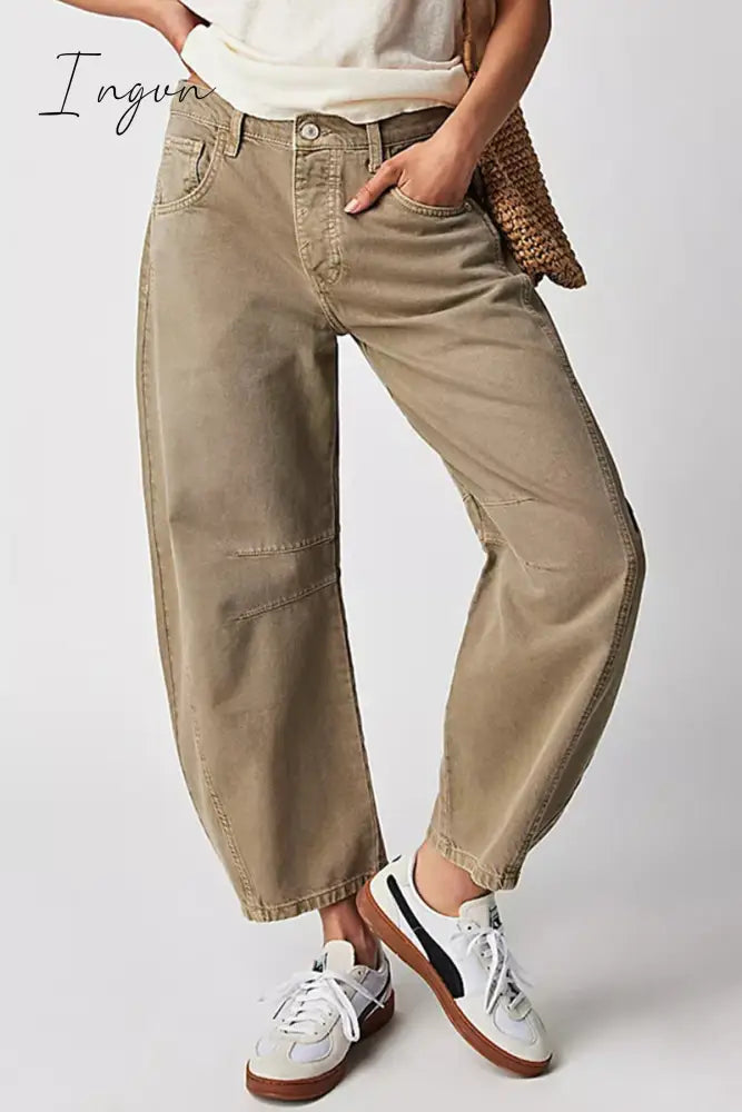 Ingvn- Casual Vintage Solid Pocket Without Belt Mid Waist Loose Denim Jeans(No Belt)