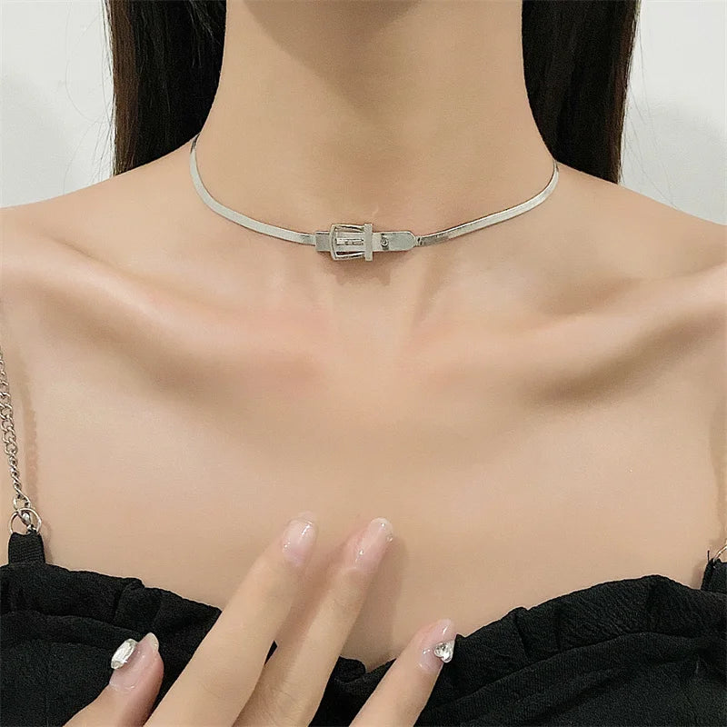 INGVN  Neo Gothic Alloy Choker Silver Color Belt Buckle Snake Chain Necklace For Women Fashion Jewelry Party Accessories