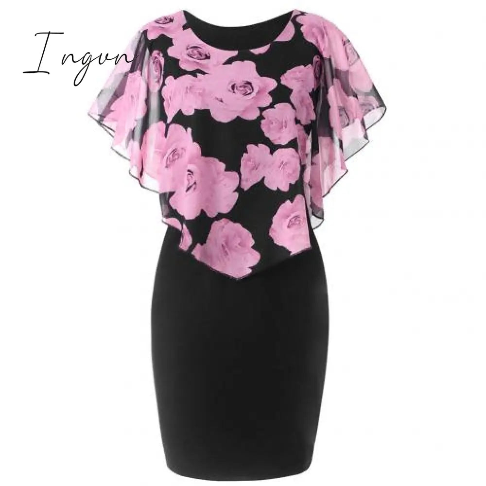 Ingvn - Plus Size Womens Dress Elegant Office Lady Rose Flower Print Cape Bodycon Knee Length Dress
