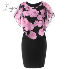 Ingvn - Plus Size Womens Dress Elegant Office Lady Rose Flower Print Cape Bodycon Knee Length Dress