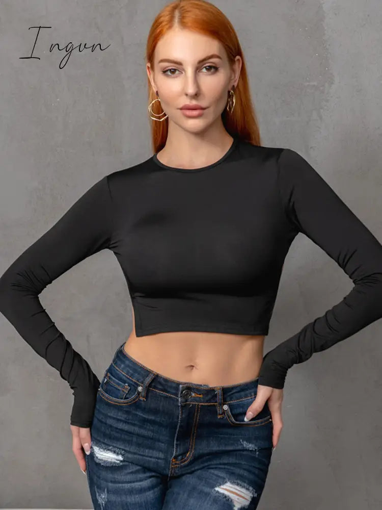 Ingvn - Round Neck Cropped Backless Tie Back Blouse