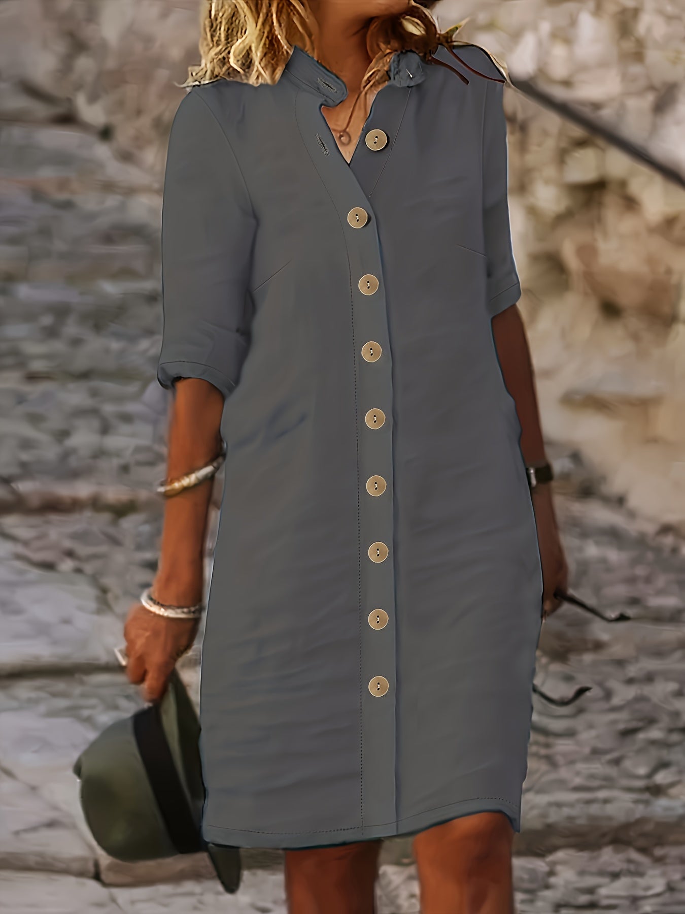 Chic Midi Dress with Button Detail - Womens Half Sleeve Casual Dress - Versatile Day-to-Night Style