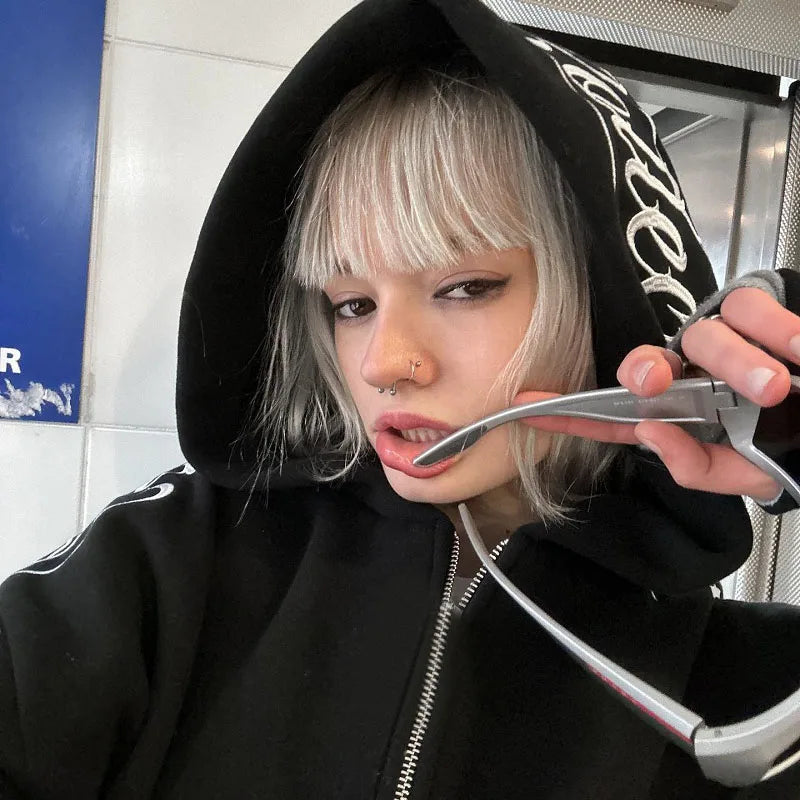 American Winter Sweatshirt Y2k Gothic Hip Hop Couple Hoodies Print Harajuku Zip Up Oversized Women Punk Grunge Black Jacket