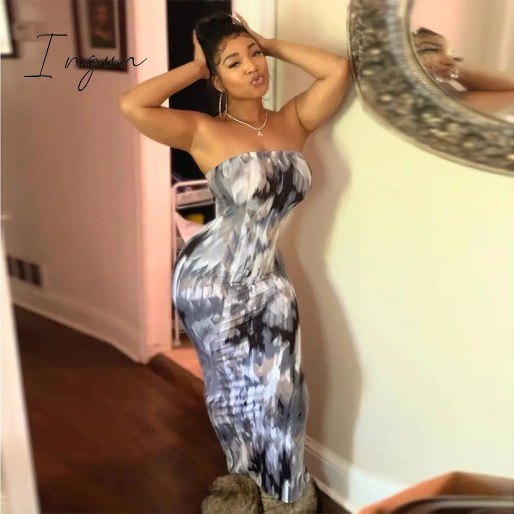 Ingvn - Stripe Tie Dye Print Sexy Maxi Dress Spring Casual Long Dress Women Nightclub Long Sleeve Bodycon Dresses C70CC31