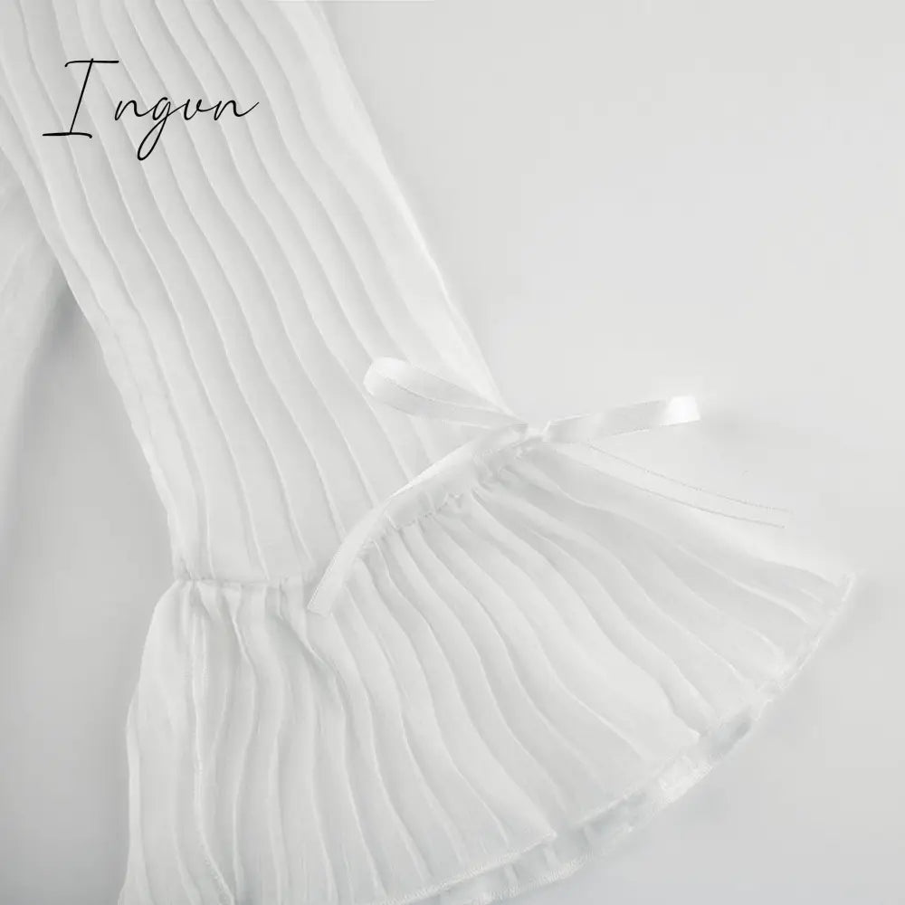 Ingvn - Hot Sell Vintage White Folds Cute Y2K Shirts Women Elegant Fashion Flared Sleeve Button Tops See Through Sexy Mesh Girl Tees
