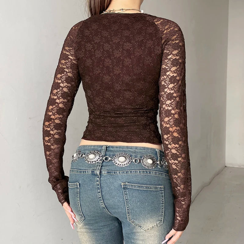 Brown Transparent Lace Sleeve Crop Top Grunge y2k Floral Print Square Collar T-shirt Women Retro Shirt Vintage 2000s Tees