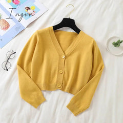 Ingvn - Spring Newly Green Cropped Cardigans Women Loose Ladies Short Knitted Sweaters Long Sleeve V neck Solid Chic Streetwear