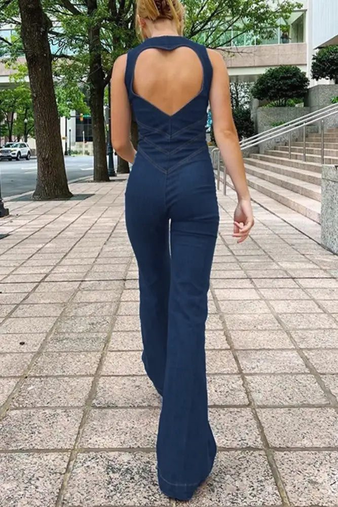 Ingvn - Casual Street Solid Backless Zipper V Neck Regular Jumpsuits
