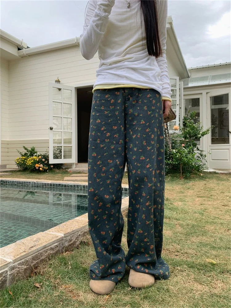 Ingvn  Women's Retro Floral Pattern High Waisted Wide Leg Jeans Summer Cool Girl Bottoms Thin Pants Female Printed Baggy Denim Trousers