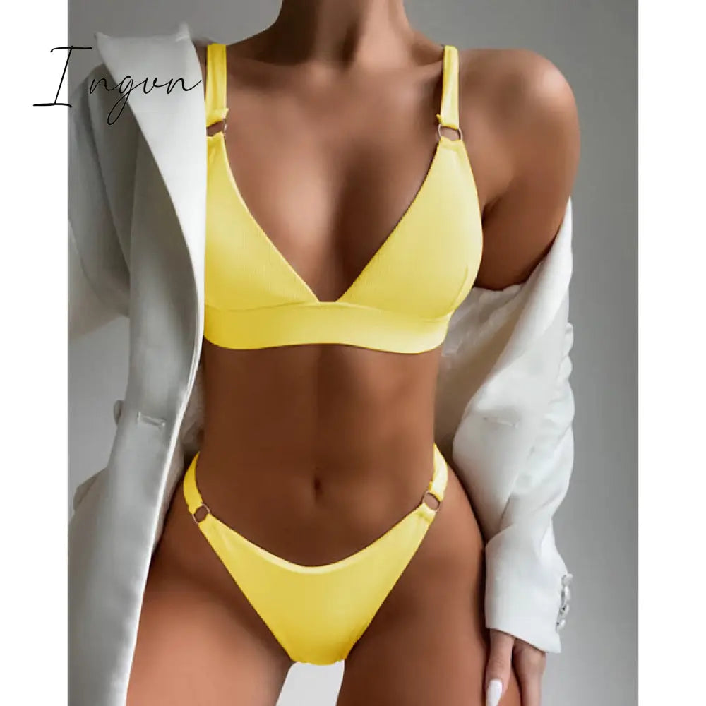 Ingvn - New Sexy Ribbed Ring Bikinis Swimsuit Women Push Up Swimwear Solid Bikini Set Summer Beach Brazil Biquini Swim Bathing Suit