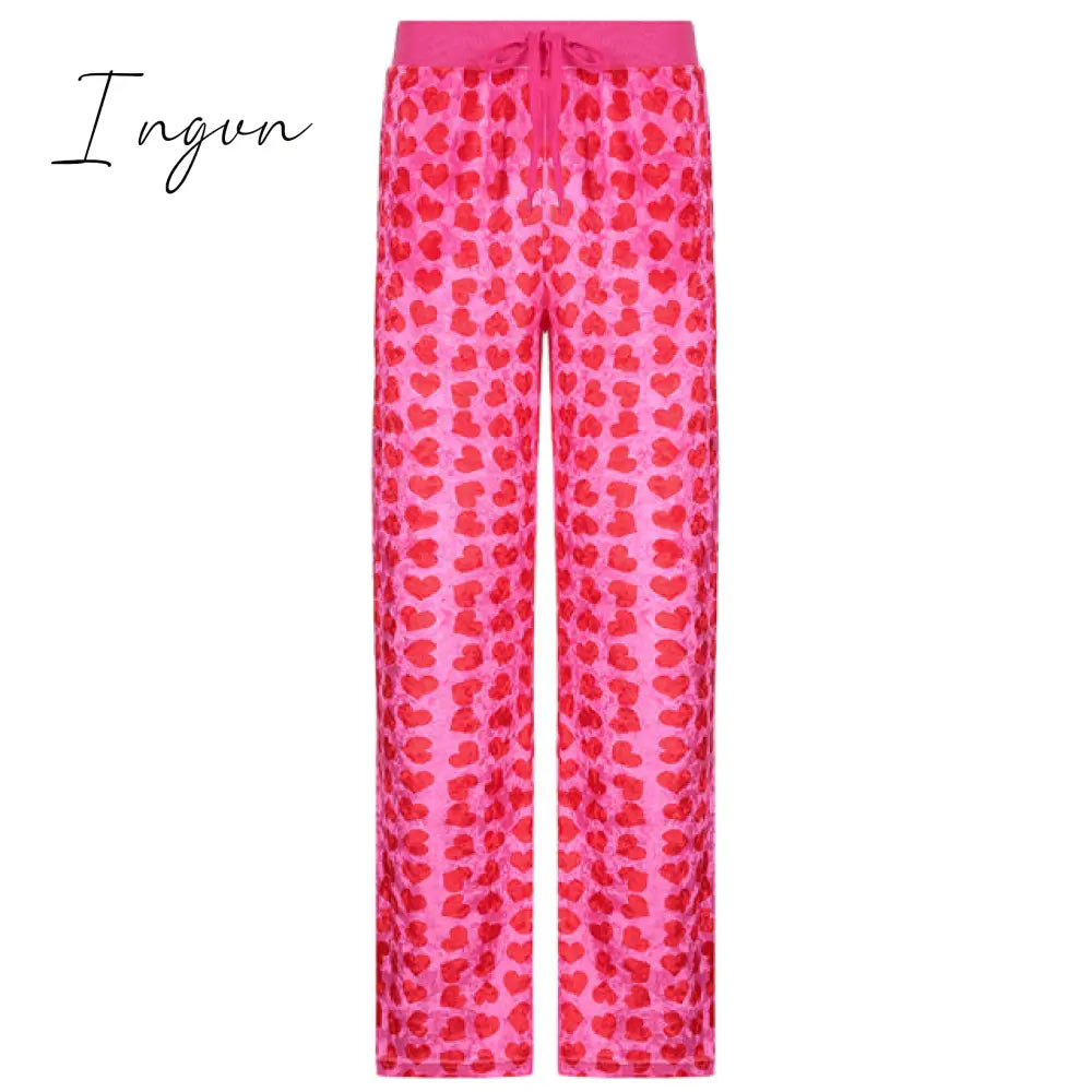 Ingvn - Y2K Pink Pants Heart Printed Sweet Trousers Vintage Aesthetic Party Pants Pockets Joggers Festival Outfits Women New
