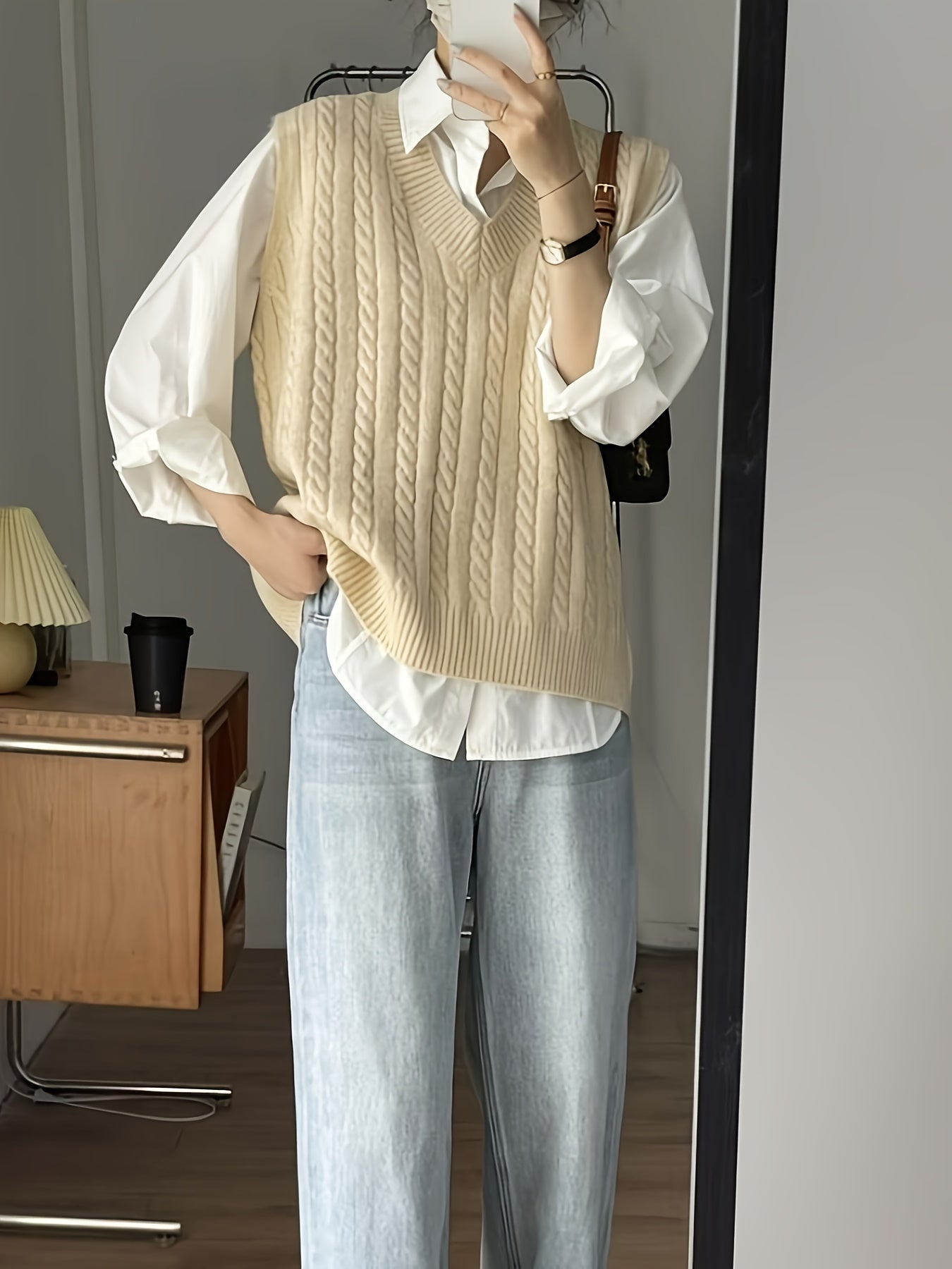 Solid V Neck Cable Knit Vest - Women's Casual Clothing - Sleeveless Loose Fit Versatile Sweater Vest for Everyday Wear, Comfortable and Stylish