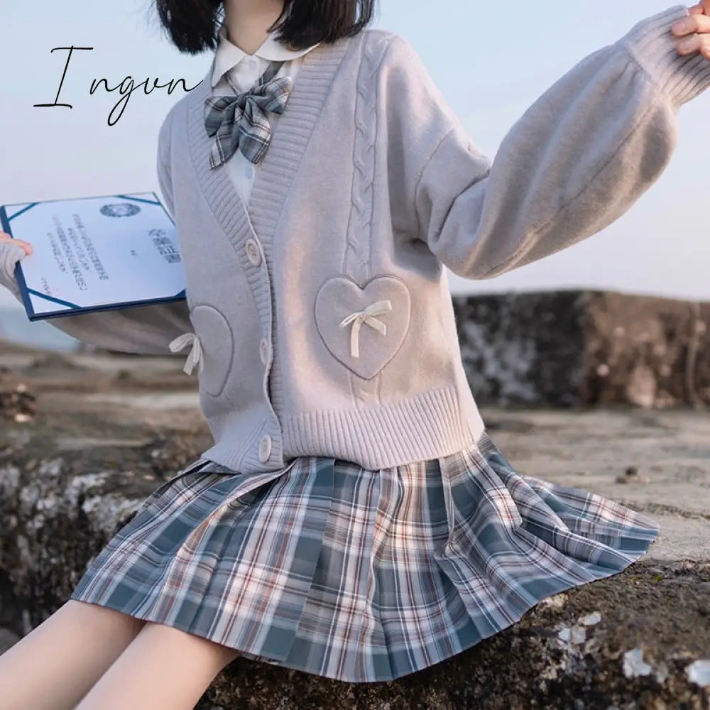 Ingvn - Spring Japan Kawaii Fashion Pink Cardigan Women Vintage Crop Knitted Sweater Cute Bow Heart Korean JK School Coat
