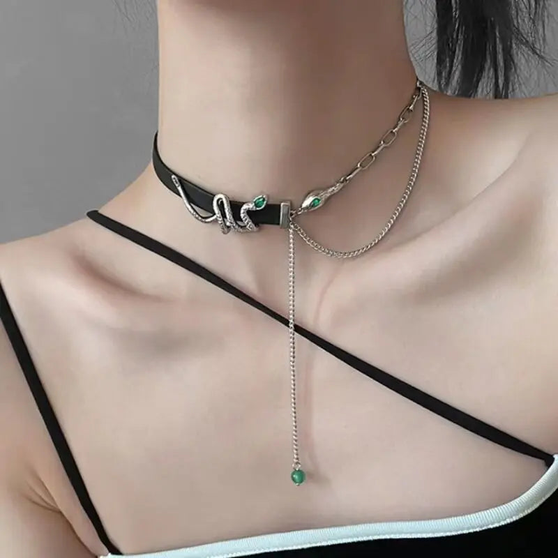INGVN  Punk Snake Shape Necklace Original Design Tassels Cool Style Thick Plated Silver Color Chain Black Chokers For Women Jewelry