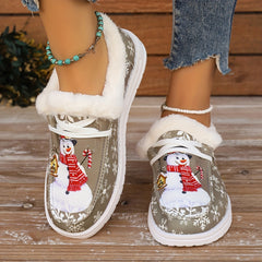Snowman Pattern Canvas Shoes - Lightweight, Low-Top, Plush Lined, Casual Lace-Up Sneakers for Women - Perfect for Outdoor Activities, Christmas Gift Idea, Comfortable and Breathable