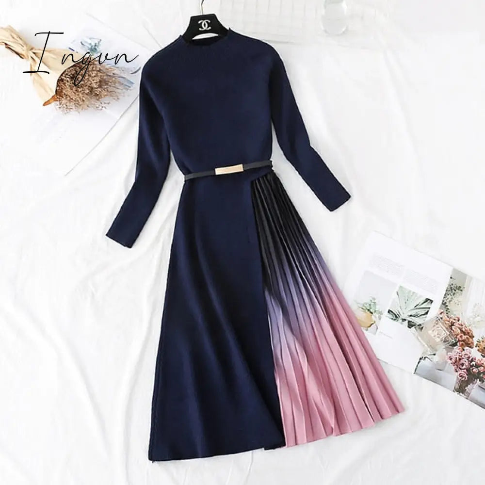 Ingvn - Autumn Winter Elegant Knitted Patchwork Gradient Pink Pleated Dress Women Long Sleeve Office One-Piece Sweater Dress With Belt