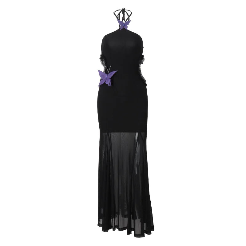 WhereMery Sexy Off Shoulder Butterfly Appliques Halter Maxi Dress 2025 Summer Women Trend See Through Hollow Out Beach Vestidos