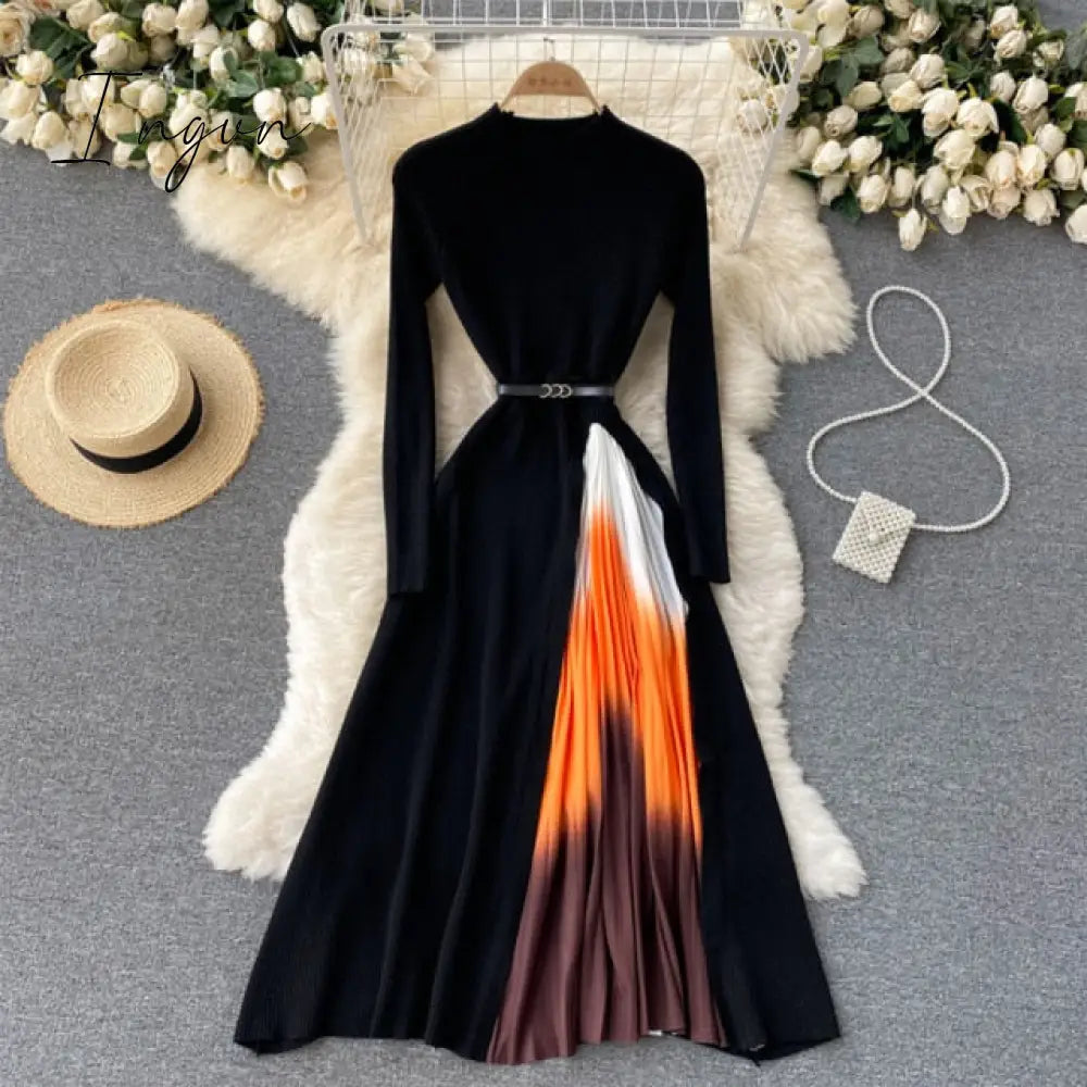 Ingvn - Autumn Winter Elegant Knitted Patchwork Gradient Pink Pleated Dress Women Long Sleeve Office One-Piece Sweater Dress With Belt