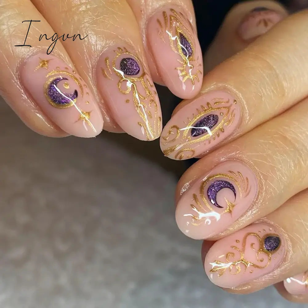 24pcs Short Almond False Nails Flower Pattern Oval Fake Nails Press on Nails Full Cover Wearable Manicure Acrylic Nail Tips