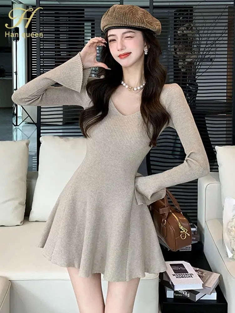 Autumn Solid Knitted Dresses for Women Elegant Fashion V-Neck Slim Evening Party Mini Dress Female A-Line Casual Vestidos Mujer