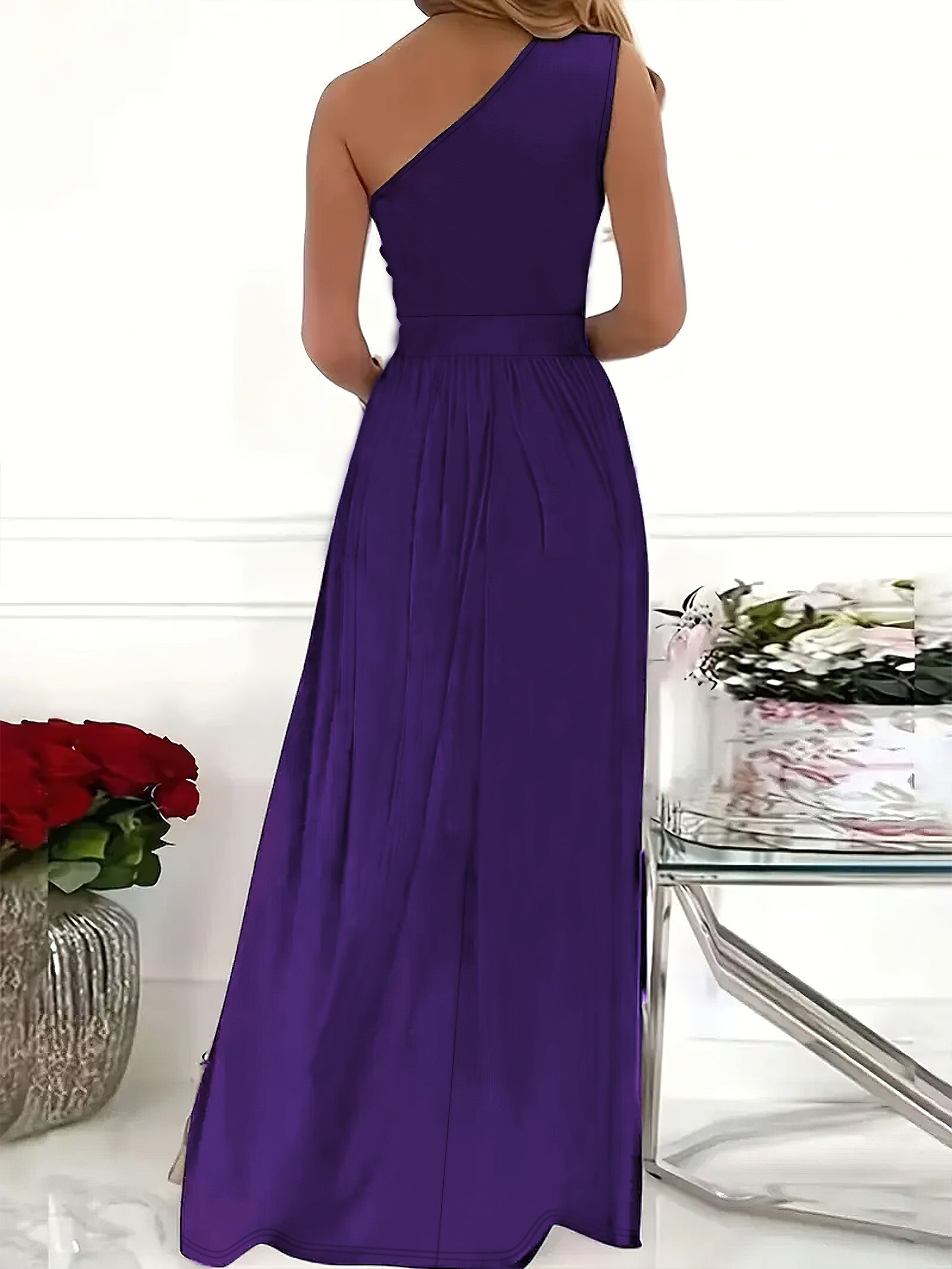 Solid One Shoulder Split Aline Dress, Elegant Ruffle Hem Sleeveless Asymmetrical Dress For Club & Party, Women's Clothing