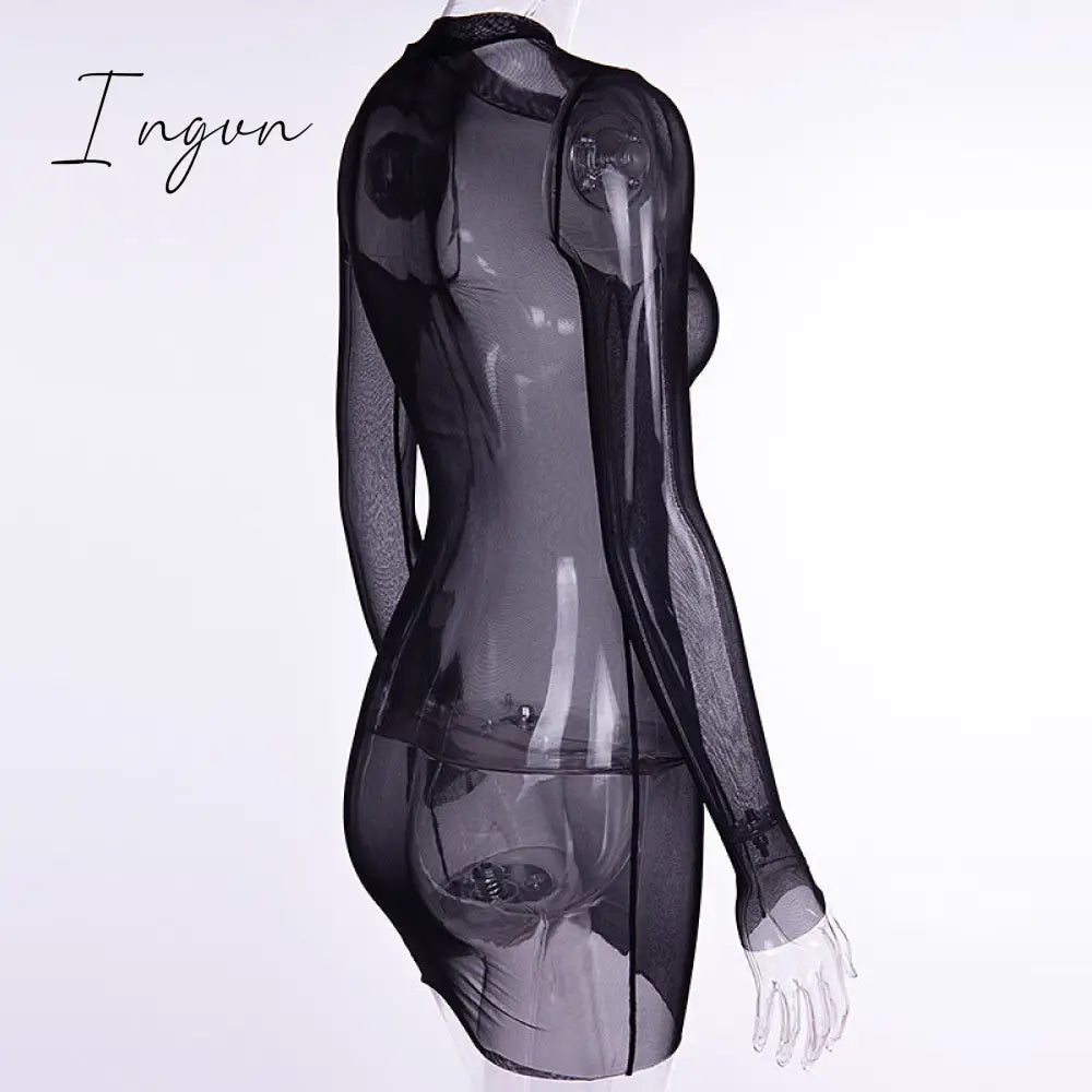 Ingvn - Summer Outfits Fashion Trends Sexy Women Dress Mesh See-through Long Sleeves Dress Slim Tight Backless Dress Party Clubwear Female Mini Dresses Black