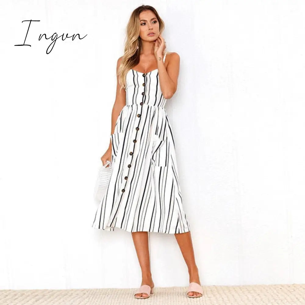 Ingvn - Boho Sexy Floral Dress Summer Vintage Casual Sundress Female Beach Dress Midi Button Backless Polka Dot Striped Women Dress