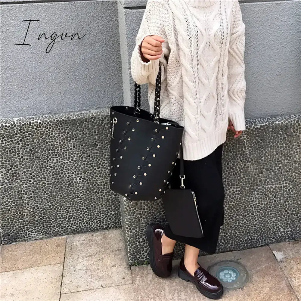 Ingvn - Designer Rivets Large Bucket Bags Women Purses and Handbags Female High Quality Shoulder Messenger Bags Black Hollow Out