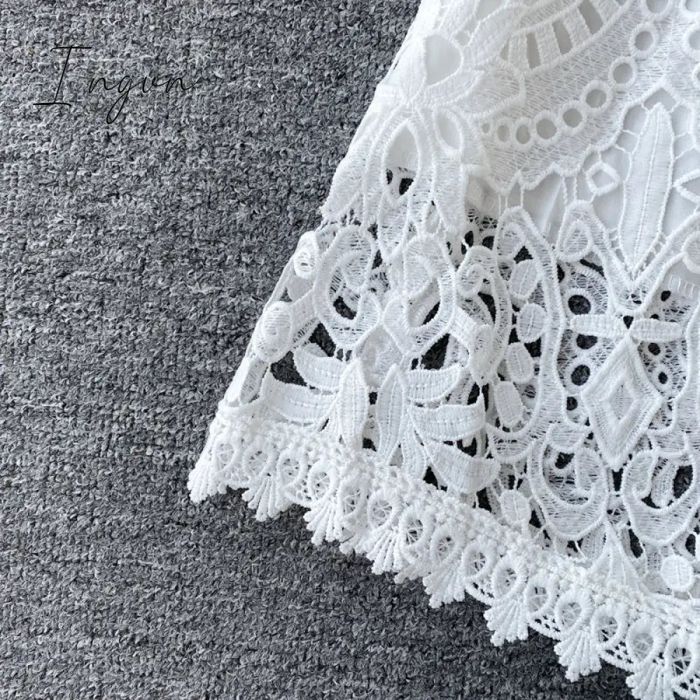 Ingvn - Women Elegant Hollow Out Lace Dress Office Lady Summer Solid O-Neck Button up Sashes Midi Dress Female Chic Short Sleeve Dress