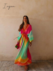 Ingvn - Tie-dye Print Colorful Batwing Sleeve Women Long Dress V-neck Lace Up Elastic High Waist Vestidos Summer Party Streetwear Robes