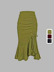 Solid Textured Drawstring Bodycon Skirt, Elegant High Waist Mermaid Hem Ruched Skirt, Women's Clothing
