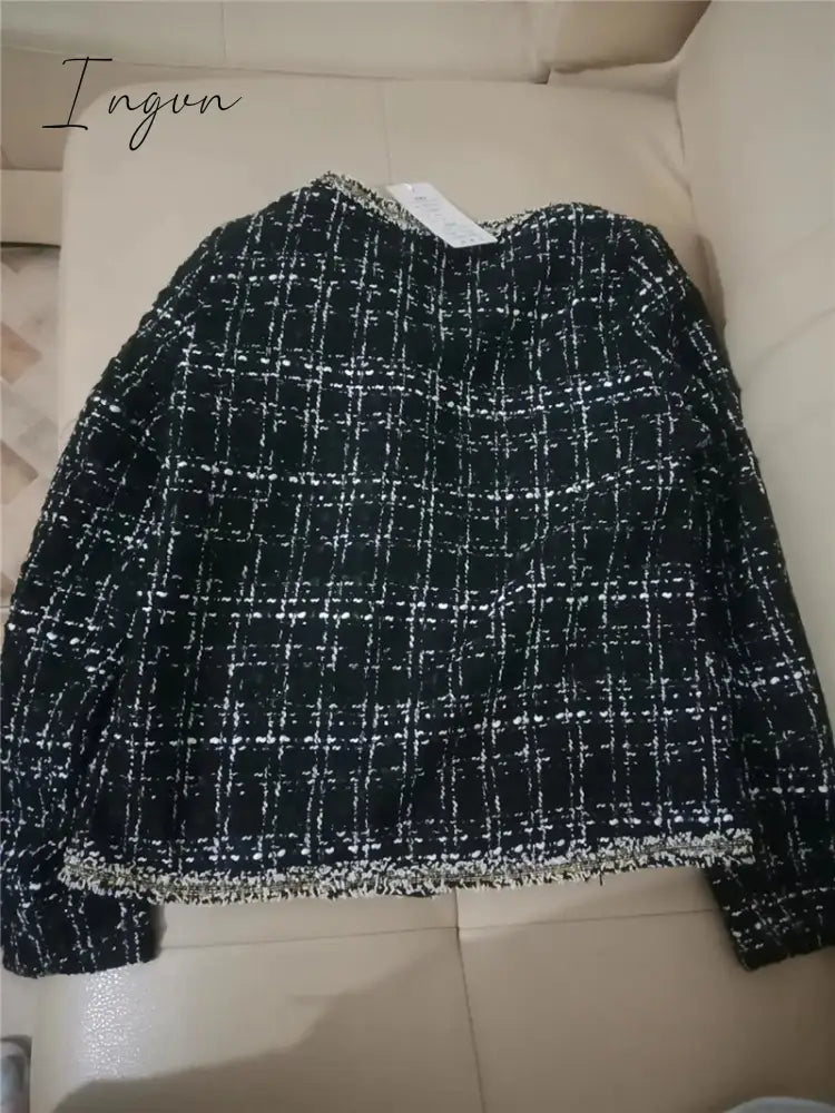 Ingvn - 2023 Trends Hot Sale Kurta For Women Cropped Tweed Coat Vintage O-Neck Open Stitch Tassel Slim Plaid Jacket Korean Blends Wool Outwear Tops Female