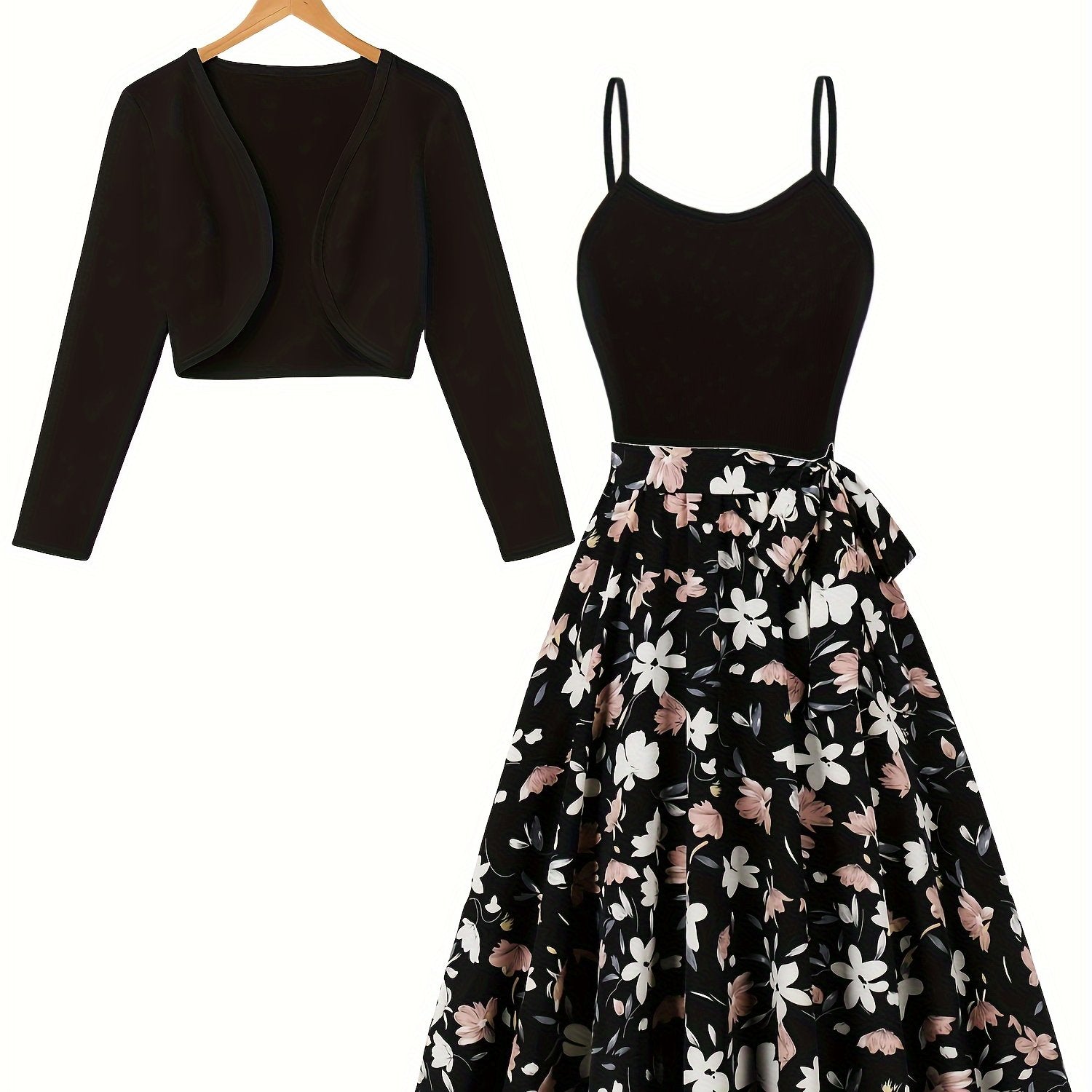 Seasonal Radiance, Elegant Floral Print Dress Set with Open Front Long Sleeve Cardigan & Tie-Waist Spaghetti Suspender Dress - Machine Washable, Polyester - Perfect for Spring/Fall