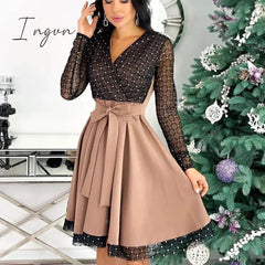 Ingvn - Spring Outfits Fashion Shiny Sequin Diamond Mesh Stitching Dress Women Spring Autumn Sheer Long Sleeve Belted Slim A Line Dresses