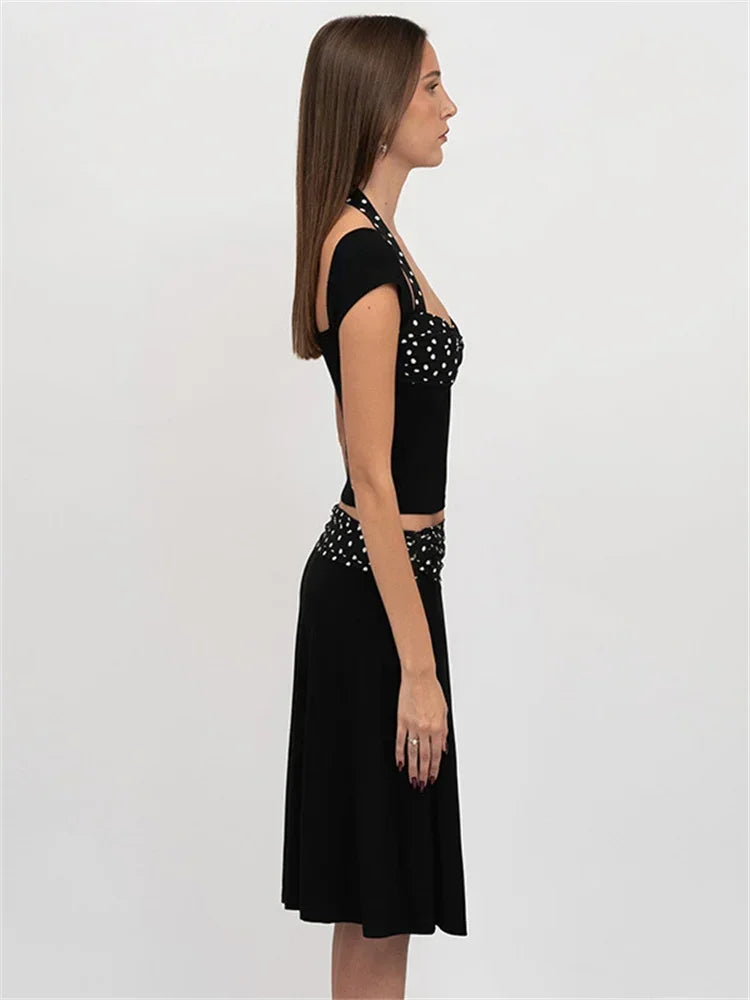 Patchwork Fashion 2 Piece-Set MIni Skirt For Women Lace-Up Contrast Backless Cropped Top And High Waist Skirt Sets Female