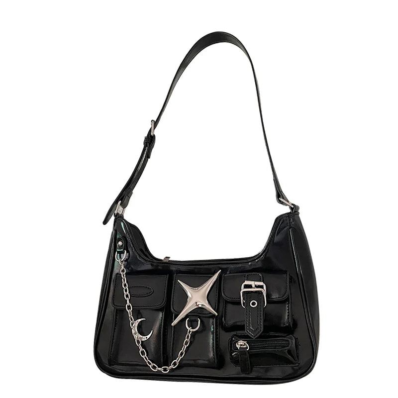 INGVN  Y2k Women Shoulder Bag Harajuku Fashion Gothic Casual Black Chains Handbag Hot Girls Pu Leather Ladies Motorcycle Bag