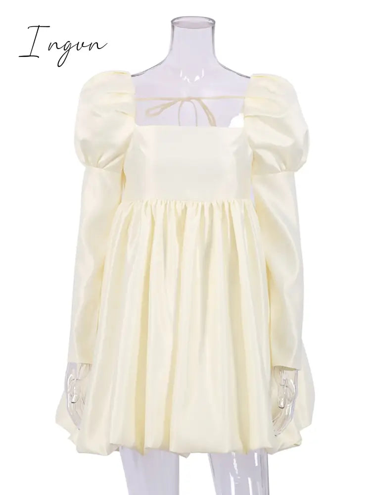 Ingvn - New Fashion Puff Sleeves Woman Party Dress Evening Chic Square Collar Ball Gown Dress Short Beige Satin Dresses Pleated Ladies