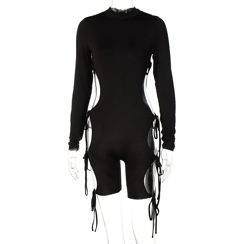 Solid Long Sleeves O Neck Cut Out Drawstrings Bandage Playsuit  Summer Fall Bodycon Sexy Party Club Elegant Y2K