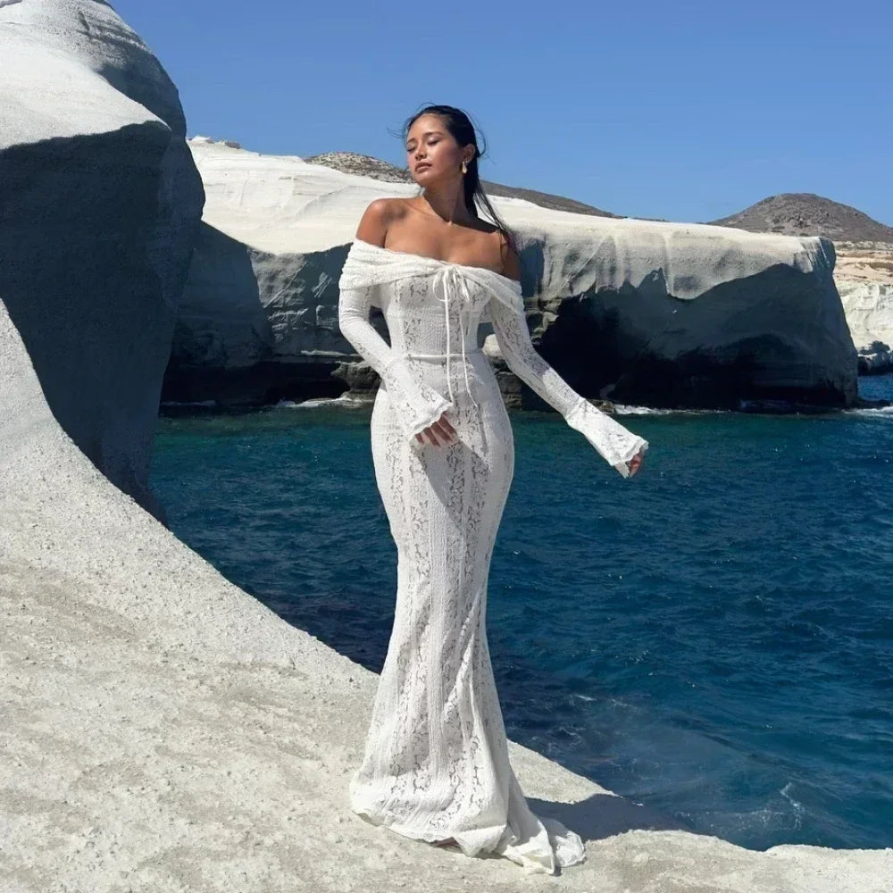 White Off The Shoulder Bodycon Dress New in Flare Sleeve Elegant Lace Maxi Dress Wedding Guest Dress for Women