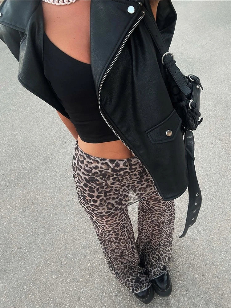 Mesh Leopard Print Trousers Woman Fashion High Waist Print Wide Leg Pants Female Elegant Printed Long Pants Bottoms