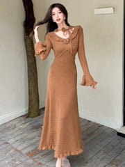 Elegant Solid Knitted Dress for Women Vintage French Flare Sleeve Bodycon Princess Evening Party Womens Dresses Slim Vestidos