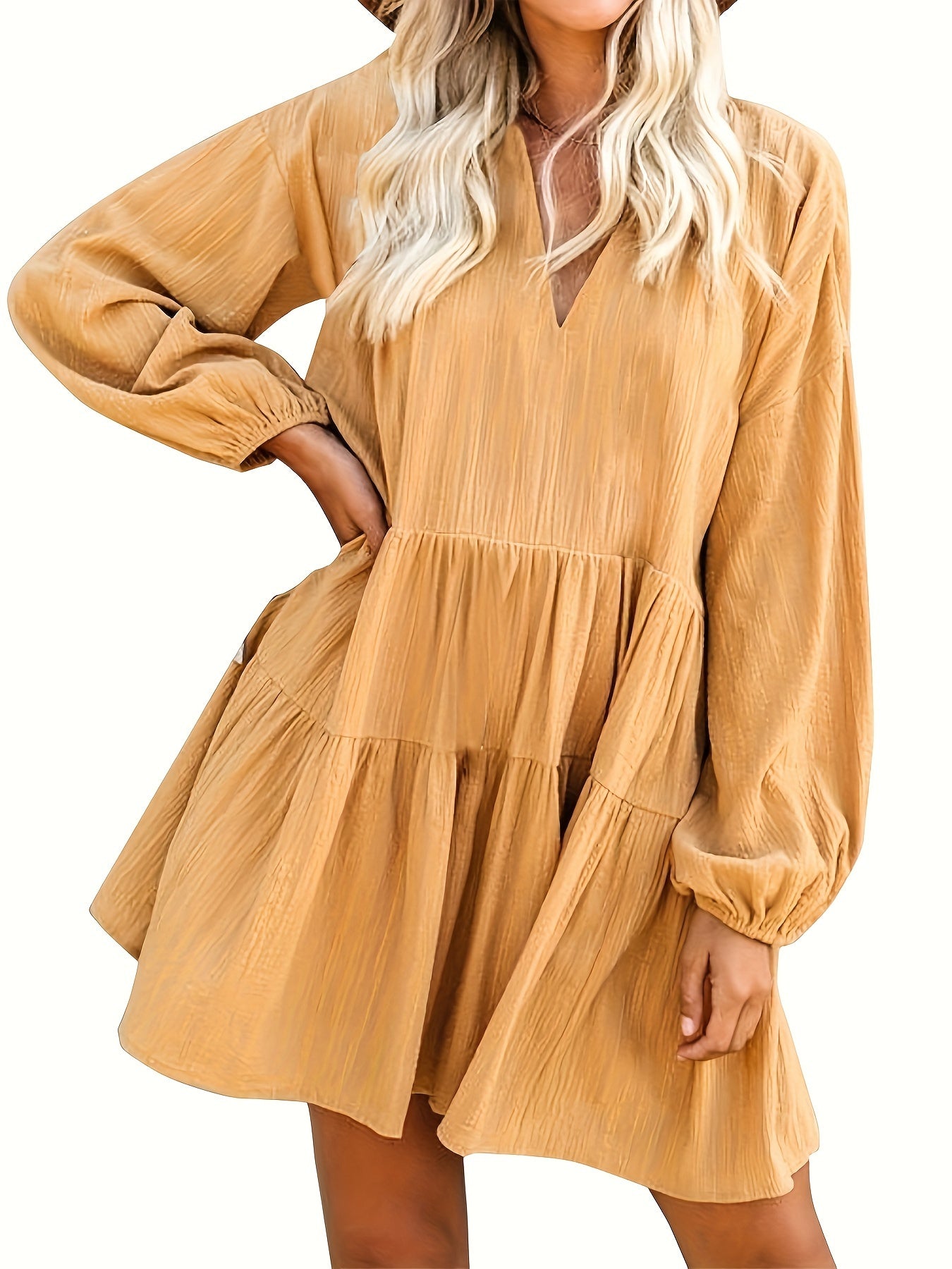 Long Sleeve Solid Color V Neck Loose Babydoll Dress, Casual Ruffle Hem For Spring & Fall, Women's Clothing